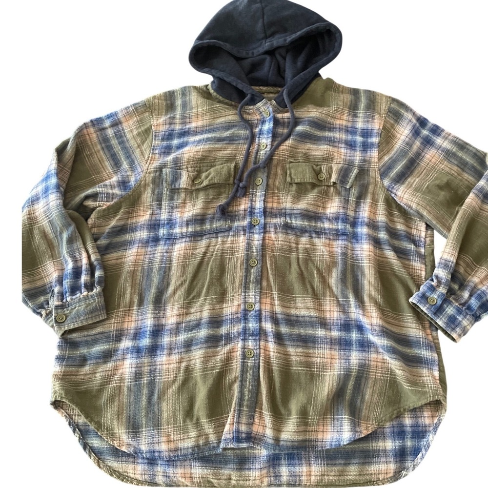 American Eagle Hooded Flannel Shirt XL Green Blue Plaid Long Sleeve Hoodie